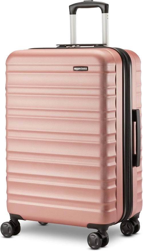 Amazon Basics 26" Hardside Medium Checked Luggage, Expandable Hardshell Suitcase with Telescoping Handle, Scratch-Resistant Surface, Four Multi-directional Wheels, Rose Gold