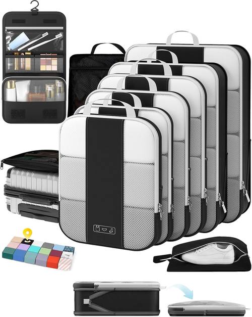 OlarHike 10 Set Compression Packing Cubes for Travel Essentials,Compressible Expandable Space Saver Bags for Organizing Clothes,Luggage Suitcase Garment Bags with Over 1000 pcs Mesh Holes(Black)
