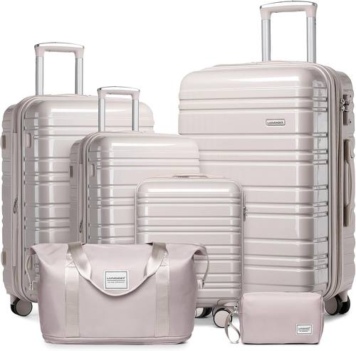 LARVENDER Luggage Sets 6 Piece Expandable Suitcases Set, Glossy Champagne