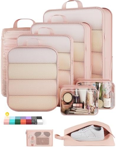 Veken 9/11 Set Compression Packing Cubes for Cruise Travel Essentials,Compressible Expandable Luggage Suitcase Organizer Bags for Clothing,Space Saver Bags with Over 1000 pcs of Mesh Holes(Beige)